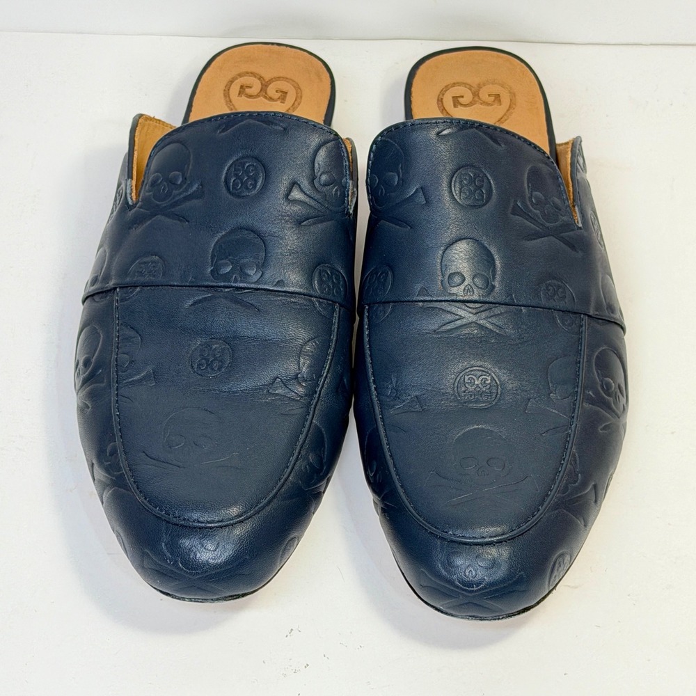 G/FORE Skull & T's Embossed Leather Mules Womens 7.5 Blue Preppy Gothic Twilight